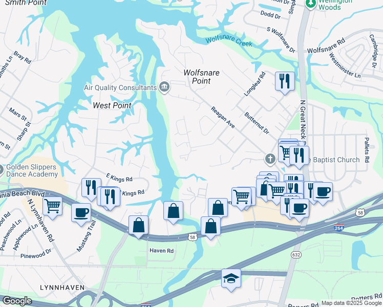 map of restaurants, bars, coffee shops, grocery stores, and more near 372 River Forest Road in Virginia Beach