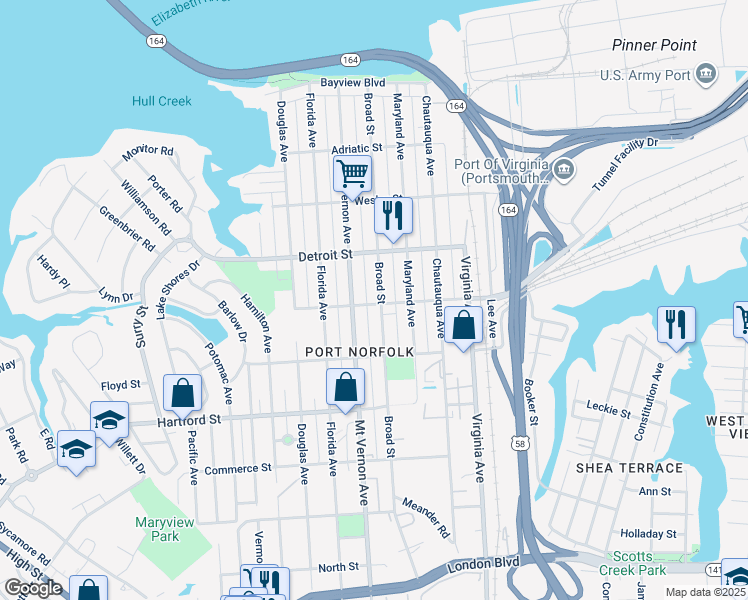 map of restaurants, bars, coffee shops, grocery stores, and more near 458 Broad Street in Portsmouth