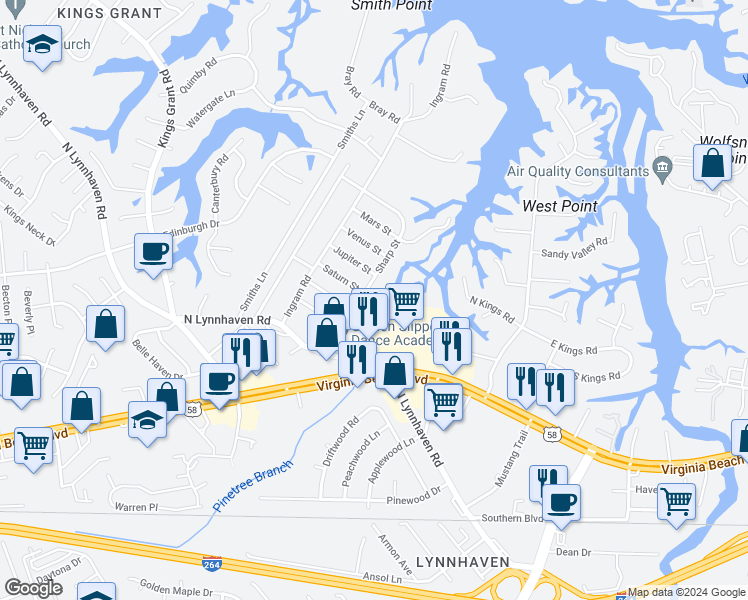 map of restaurants, bars, coffee shops, grocery stores, and more near 452 Sharp Street in Virginia Beach