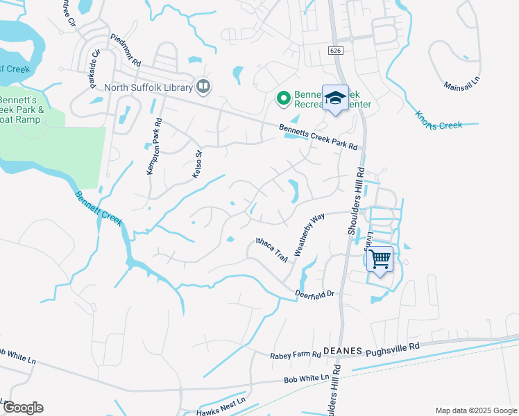 map of restaurants, bars, coffee shops, grocery stores, and more near 3507 Cantering Court in Suffolk