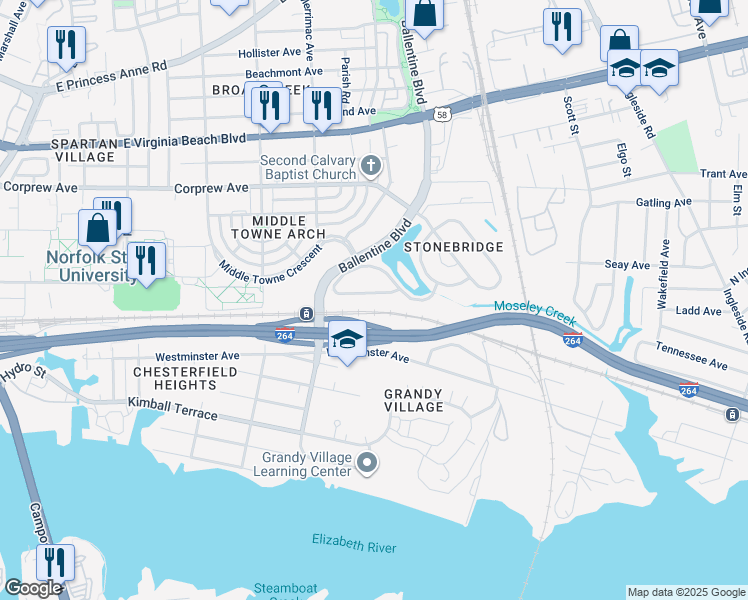 map of restaurants, bars, coffee shops, grocery stores, and more near 3045 South Lakebridge Drive in Norfolk