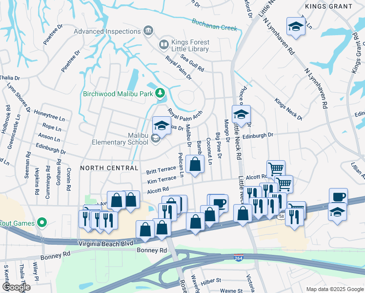 map of restaurants, bars, coffee shops, grocery stores, and more near 436 Pelican Lane in Virginia Beach