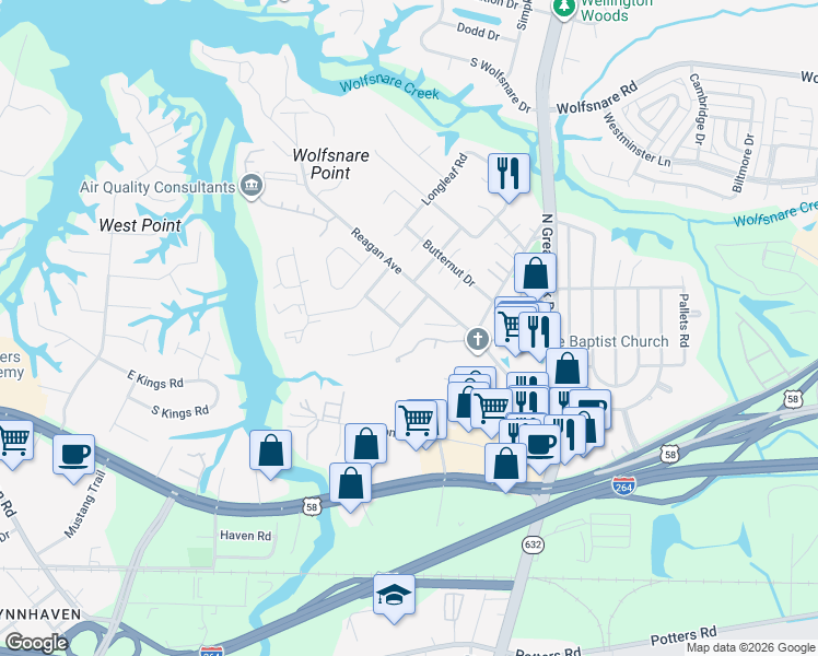 map of restaurants, bars, coffee shops, grocery stores, and more near 446 Lake Havasu Drive in Virginia Beach