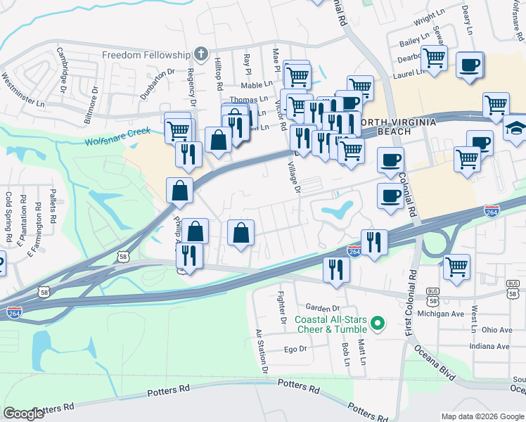 map of restaurants, bars, coffee shops, grocery stores, and more near 403 North Amsterdam Court in Virginia Beach