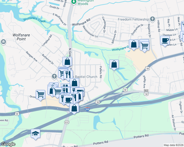 map of restaurants, bars, coffee shops, grocery stores, and more near 409 East Farmington Road in Virginia Beach