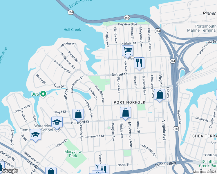 map of restaurants, bars, coffee shops, grocery stores, and more near 520 Douglas Avenue in Portsmouth
