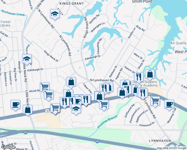 map of restaurants, bars, coffee shops, grocery stores, and more near 409 Leffler Lane in Virginia Beach