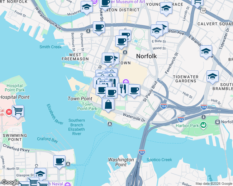 map of restaurants, bars, coffee shops, grocery stores, and more near in Norfolk