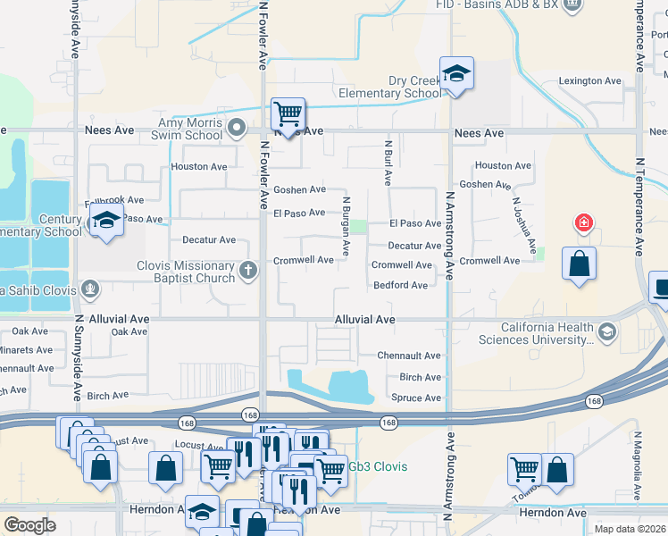 map of restaurants, bars, coffee shops, grocery stores, and more near 1973 Alluvial Avenue in Clovis