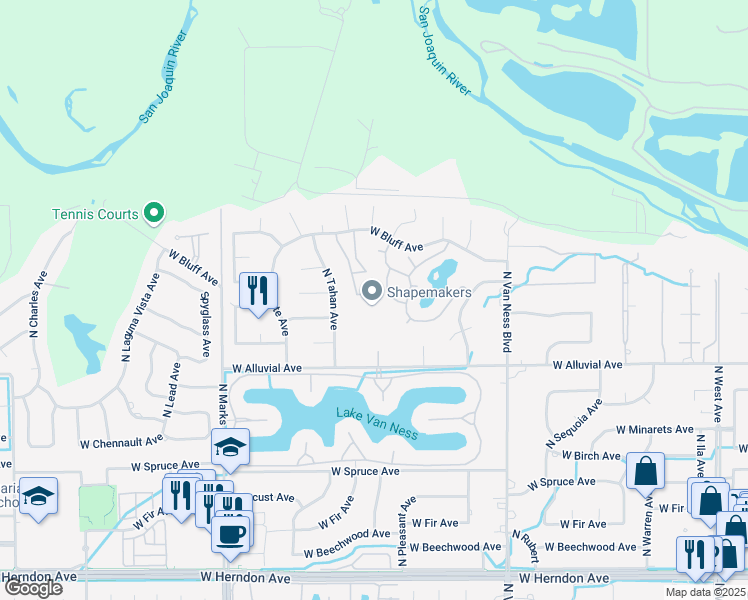 map of restaurants, bars, coffee shops, grocery stores, and more near 2626 West Alluvial Avenue in Fresno