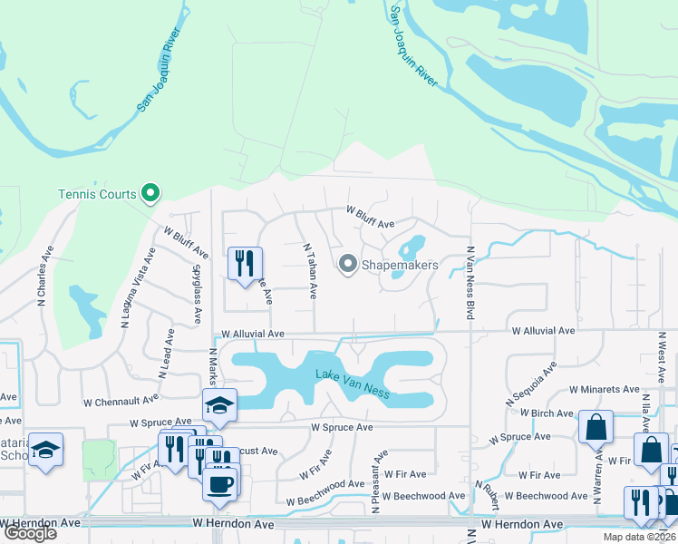map of restaurants, bars, coffee shops, grocery stores, and more near 2626 West Alluvial Avenue in Fresno