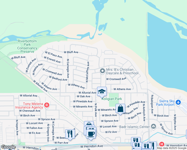 map of restaurants, bars, coffee shops, grocery stores, and more near 7583 North Wheeler Avenue in Fresno