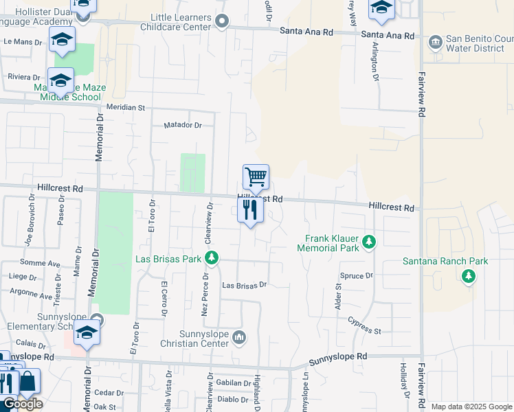 map of restaurants, bars, coffee shops, grocery stores, and more near 90 El Dorado Drive in Hollister