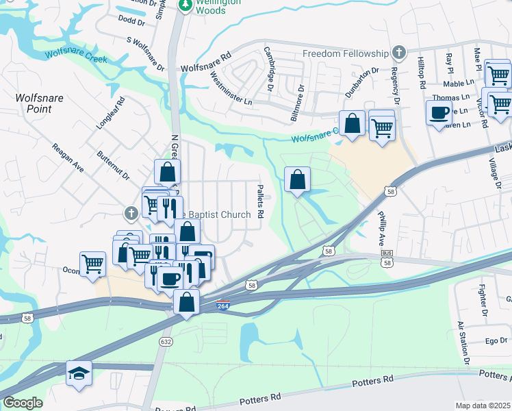 map of restaurants, bars, coffee shops, grocery stores, and more near 409 East Farmington Road in Virginia Beach