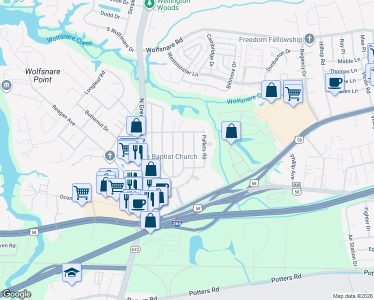 map of restaurants, bars, coffee shops, grocery stores, and more near 409 East Farmington Road in Virginia Beach
