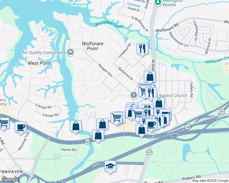 map of restaurants, bars, coffee shops, grocery stores, and more near 446 Lake Havasu Drive in Virginia Beach