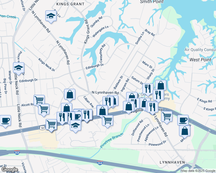 map of restaurants, bars, coffee shops, grocery stores, and more near 3008 North Lynnhaven Road in Virginia Beach