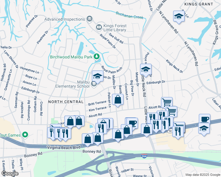 map of restaurants, bars, coffee shops, grocery stores, and more near 436 Pelican Lane in Virginia Beach