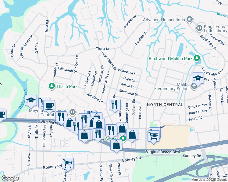 map of restaurants, bars, coffee shops, grocery stores, and more near 497 Cronin Road in Virginia Beach
