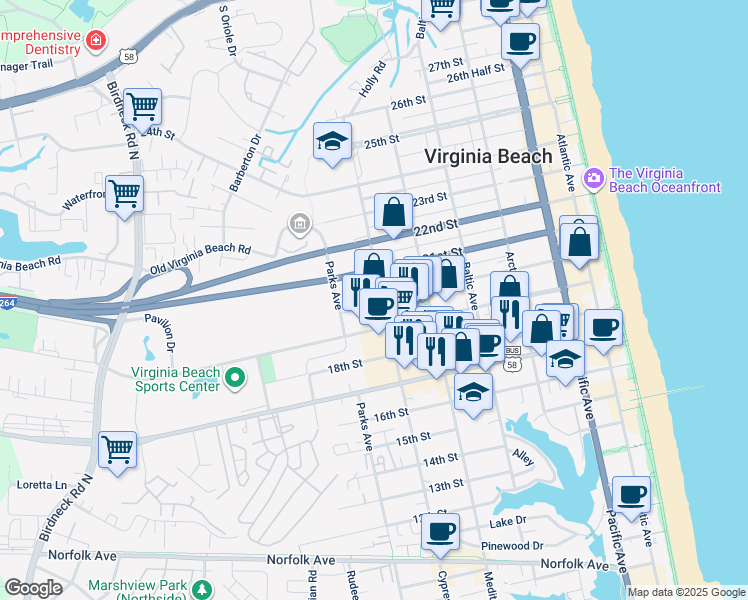 map of restaurants, bars, coffee shops, grocery stores, and more near 1900 Cypress Avenue in Virginia Beach
