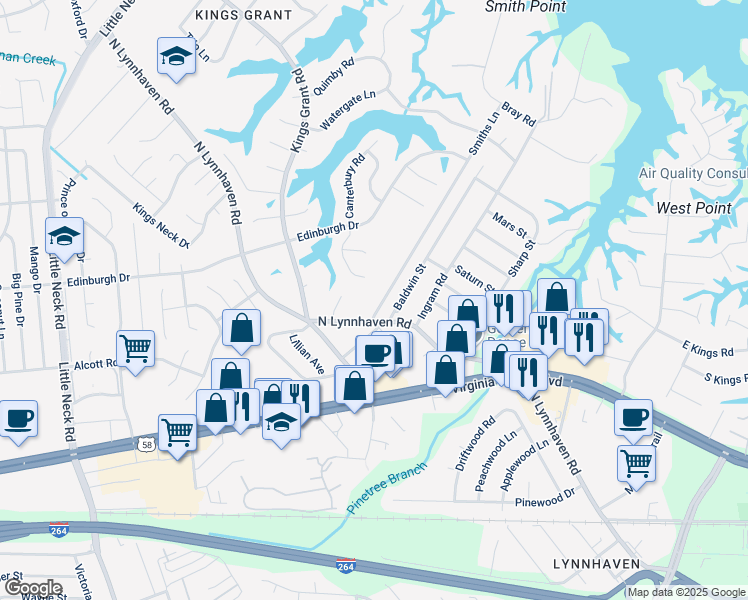 map of restaurants, bars, coffee shops, grocery stores, and more near 3008 North Lynnhaven Road in Virginia Beach