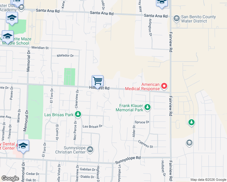 map of restaurants, bars, coffee shops, grocery stores, and more near 1471 Hillcrest Road in Hollister