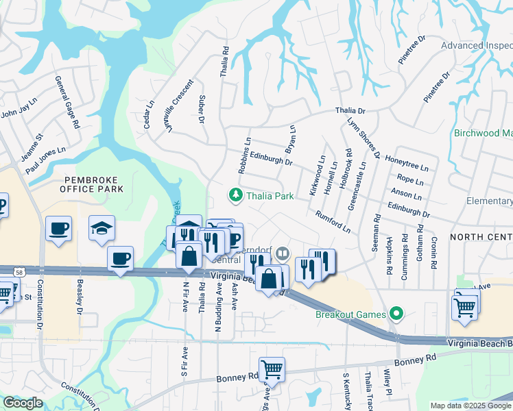 map of restaurants, bars, coffee shops, grocery stores, and more near 403 Sheepshead Lane in Virginia Beach