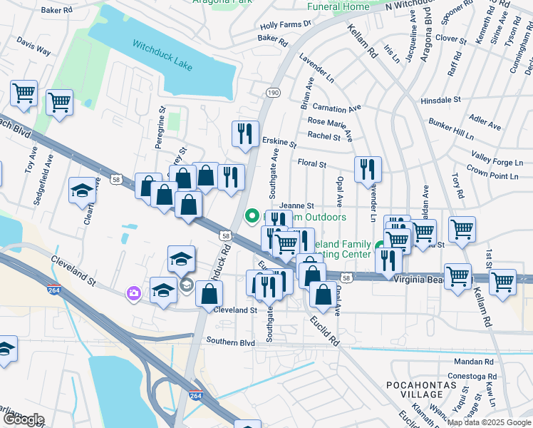 map of restaurants, bars, coffee shops, grocery stores, and more near 329 Southgate Avenue in Virginia Beach