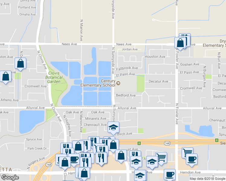 map of restaurants, bars, coffee shops, grocery stores, and more near 4582 North Sunnyside Avenue in Clovis