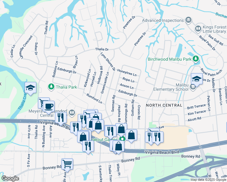 map of restaurants, bars, coffee shops, grocery stores, and more near 497 Cronin Road in Virginia Beach