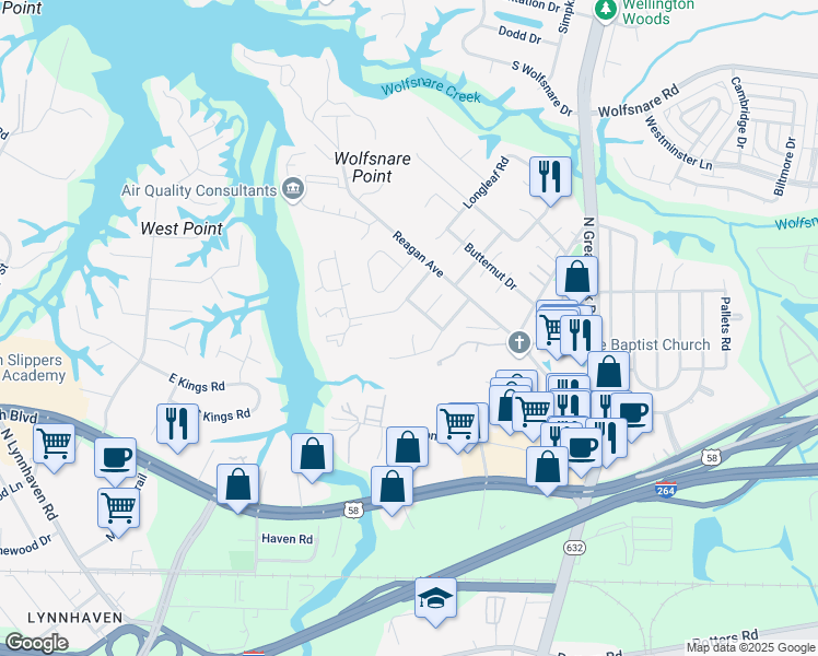map of restaurants, bars, coffee shops, grocery stores, and more near 425 Wayman Lane in Virginia Beach