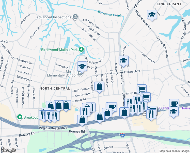 map of restaurants, bars, coffee shops, grocery stores, and more near 505 Malibu Drive in Virginia Beach