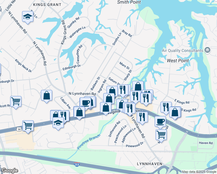 map of restaurants, bars, coffee shops, grocery stores, and more near 2921 Saturn Street in Virginia Beach
