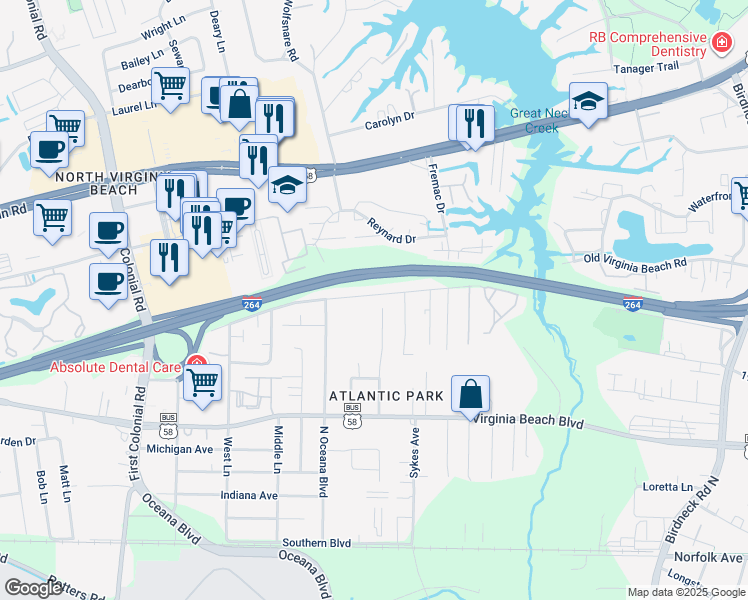 map of restaurants, bars, coffee shops, grocery stores, and more near 1457 Old Virginia Beach Road in Virginia Beach