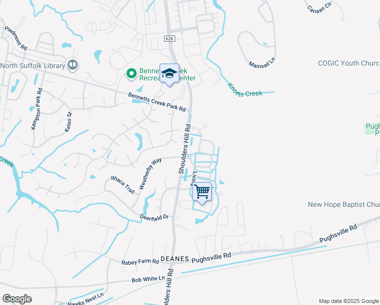 map of restaurants, bars, coffee shops, grocery stores, and more near 1412 Island Park Circle in Suffolk