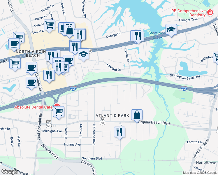 map of restaurants, bars, coffee shops, grocery stores, and more near 1457 Old Virginia Beach Road in Virginia Beach