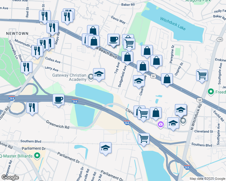 map of restaurants, bars, coffee shops, grocery stores, and more near 240 Toy Avenue in Virginia Beach