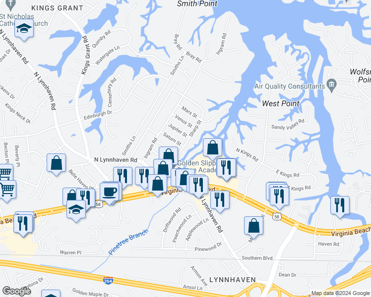 map of restaurants, bars, coffee shops, grocery stores, and more near 452 Sharp Street in Virginia Beach