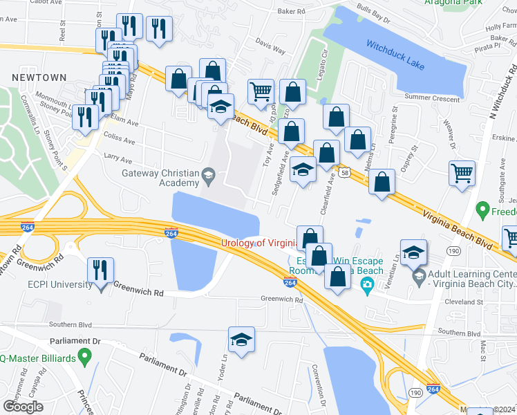 map of restaurants, bars, coffee shops, grocery stores, and more near 240 Toy Avenue in Virginia Beach
