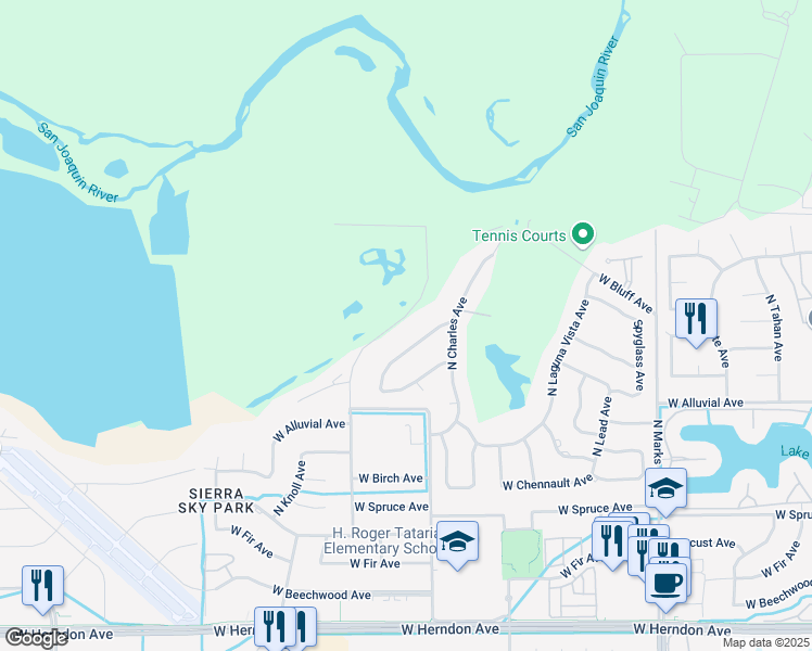 map of restaurants, bars, coffee shops, grocery stores, and more near 7855 North Valentine Avenue in Fresno