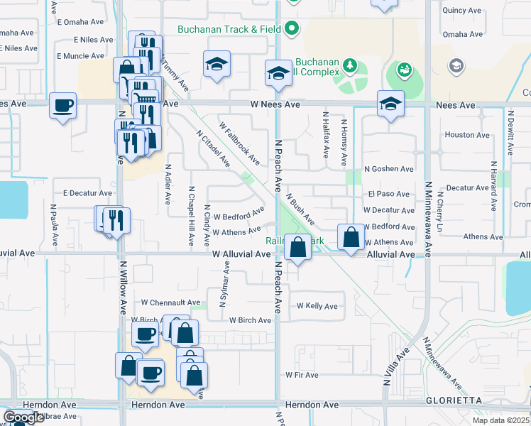 map of restaurants, bars, coffee shops, grocery stores, and more near 927 North Citadel Avenue in Clovis