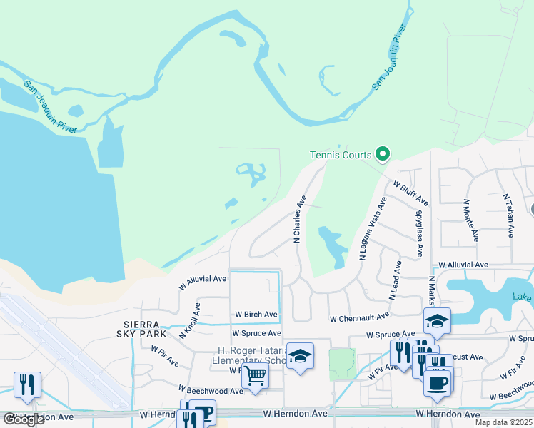 map of restaurants, bars, coffee shops, grocery stores, and more near 7855 North Valentine Avenue in Fresno
