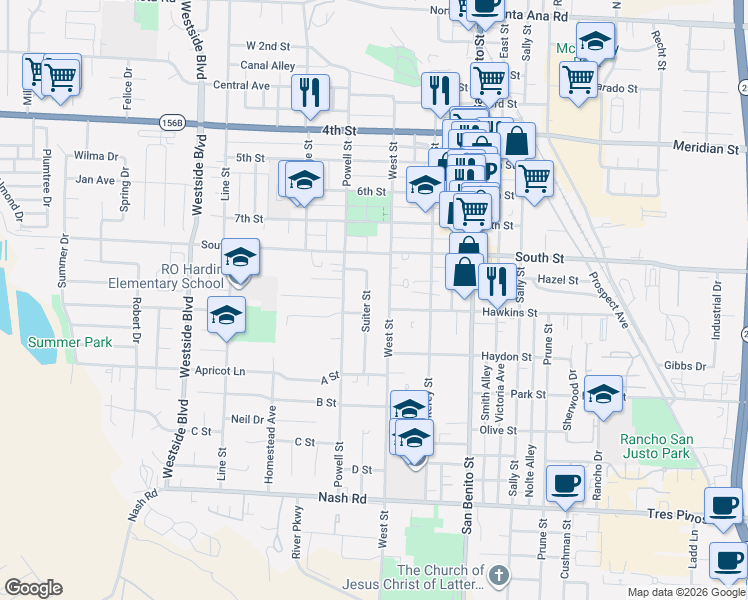 map of restaurants, bars, coffee shops, grocery stores, and more near 846 Suiter Street in Hollister