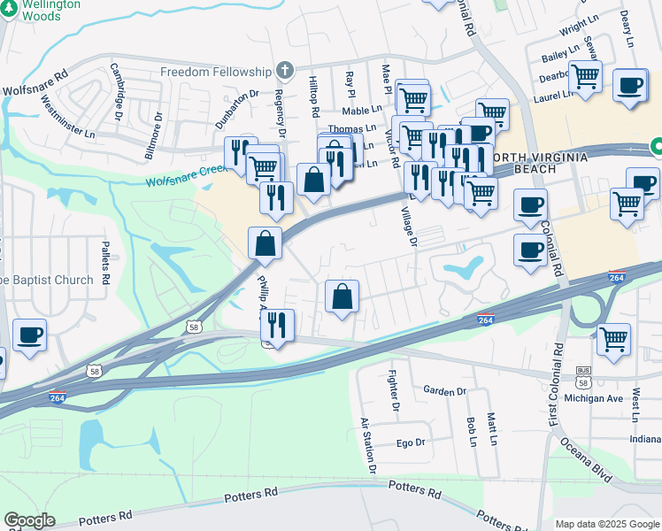 map of restaurants, bars, coffee shops, grocery stores, and more near 534 Jamesville Drive in Virginia Beach