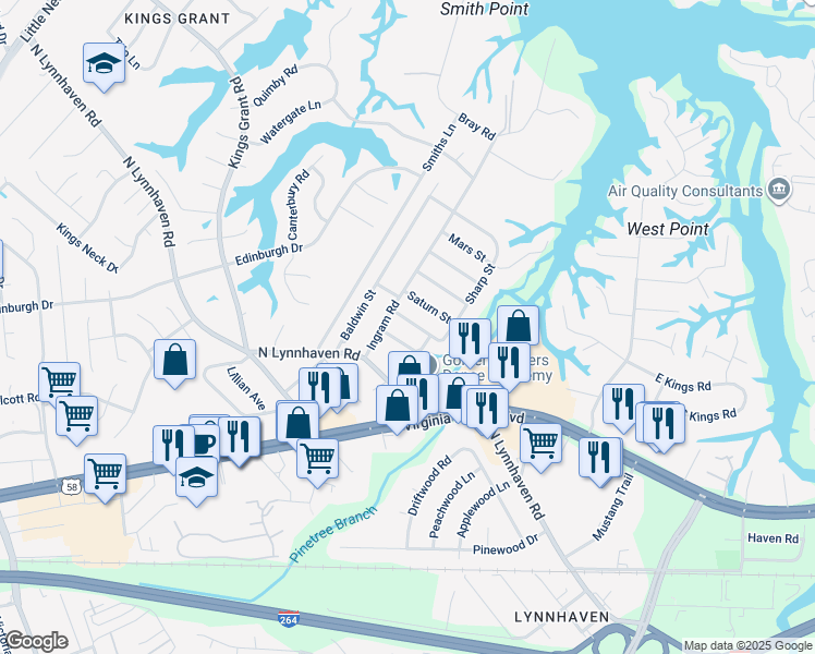 map of restaurants, bars, coffee shops, grocery stores, and more near 2921 Saturn Street in Virginia Beach