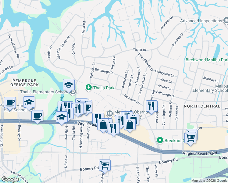 map of restaurants, bars, coffee shops, grocery stores, and more near 4100 Duncannon Lane in Virginia Beach