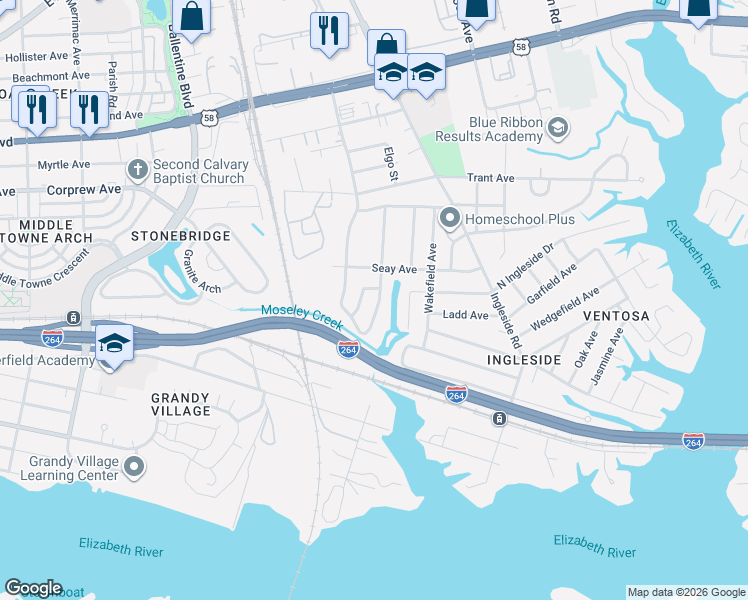map of restaurants, bars, coffee shops, grocery stores, and more near 819 Weiss Lane in Norfolk