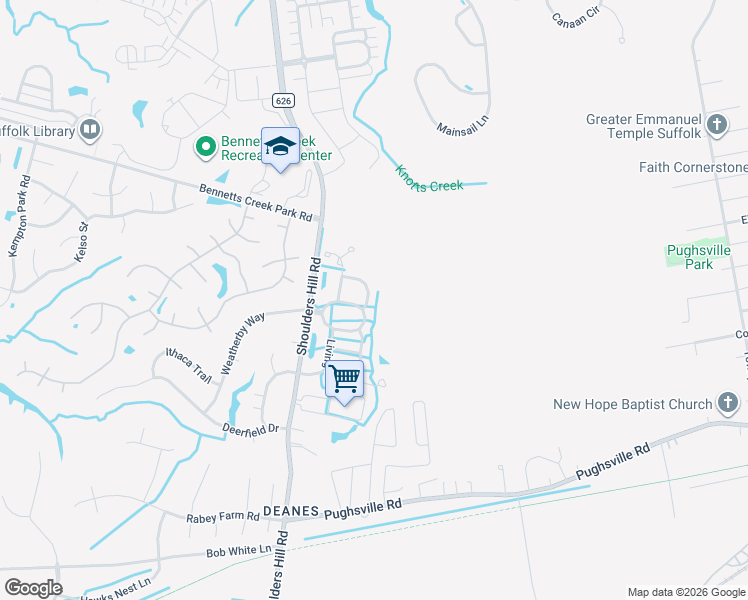 map of restaurants, bars, coffee shops, grocery stores, and more near 5023 prestwick Street in Suffolk
