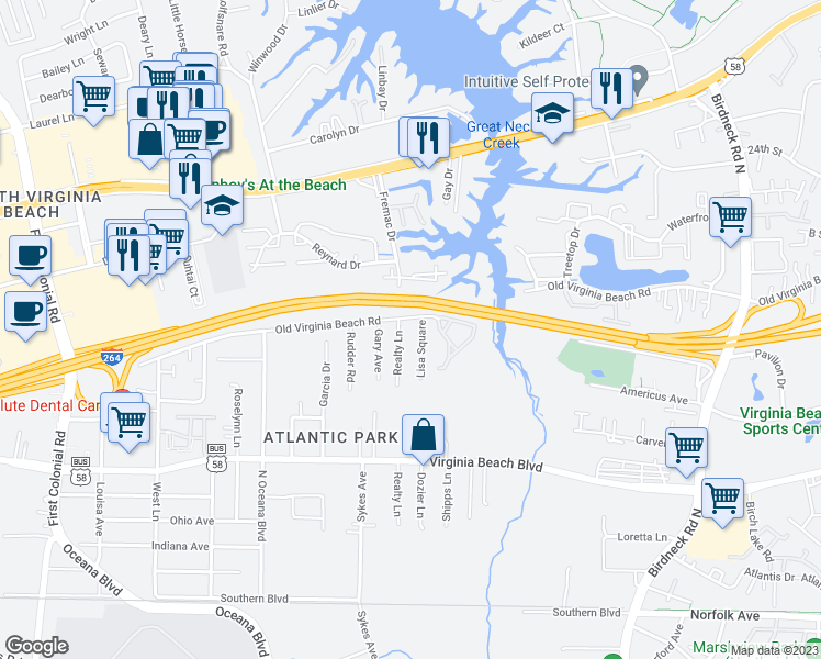 map of restaurants, bars, coffee shops, grocery stores, and more near 1412 Old Virginia Beach Road in Virginia Beach