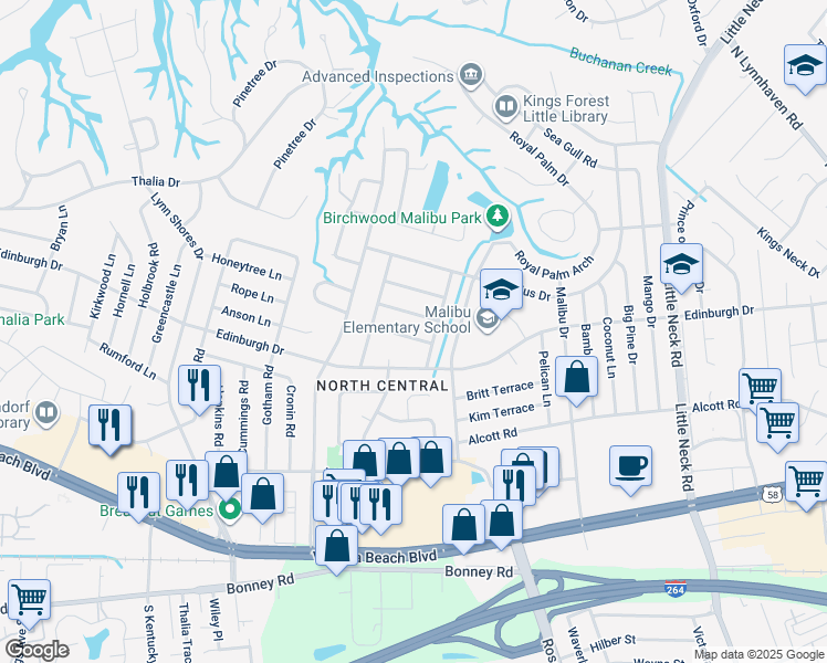 map of restaurants, bars, coffee shops, grocery stores, and more near 3708 Beacon Lane in Virginia Beach